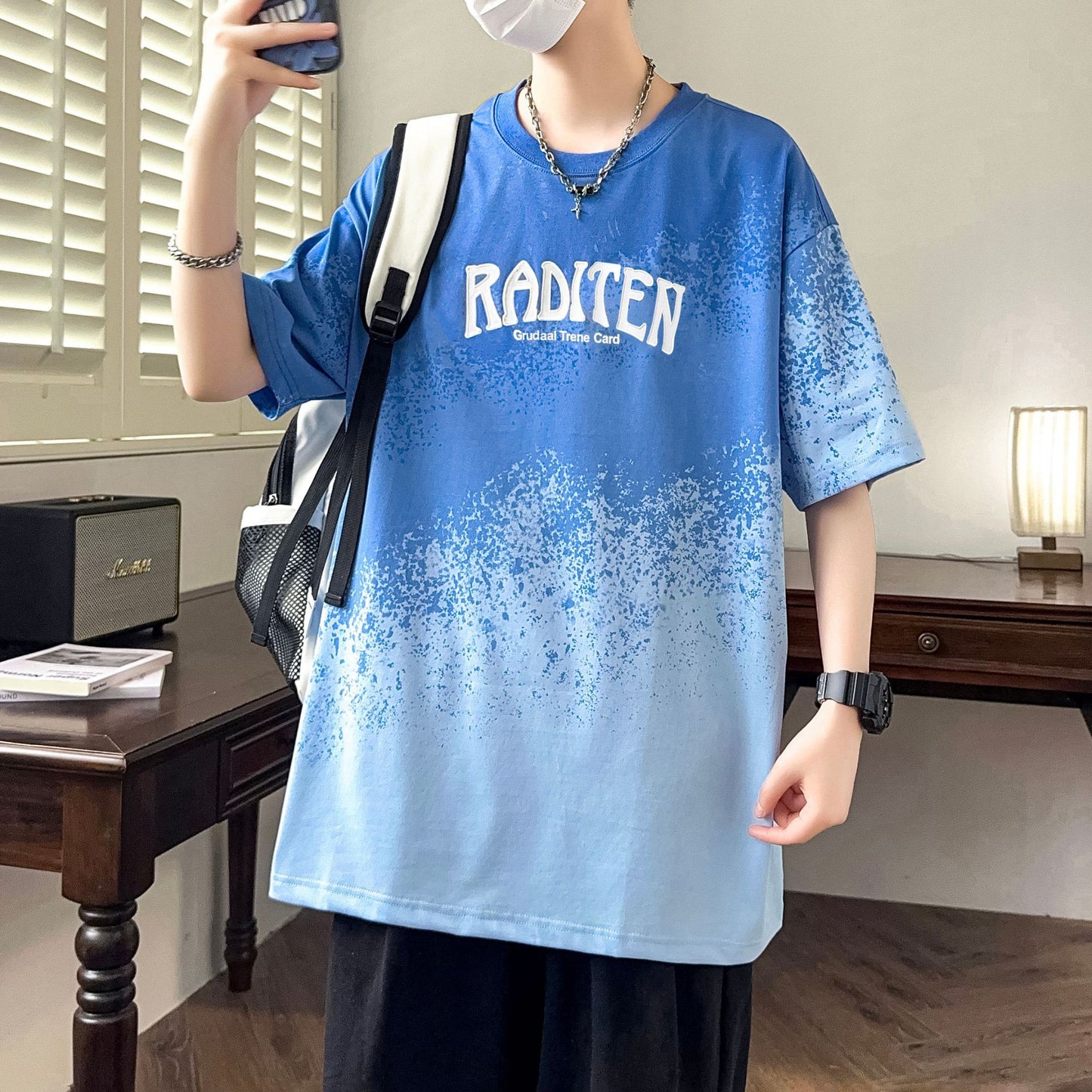 2025Summer New Men's Youth Casual Stylish Trendy Loose Short Sleeve T Shirt Gradient Color for Middle and High School Students