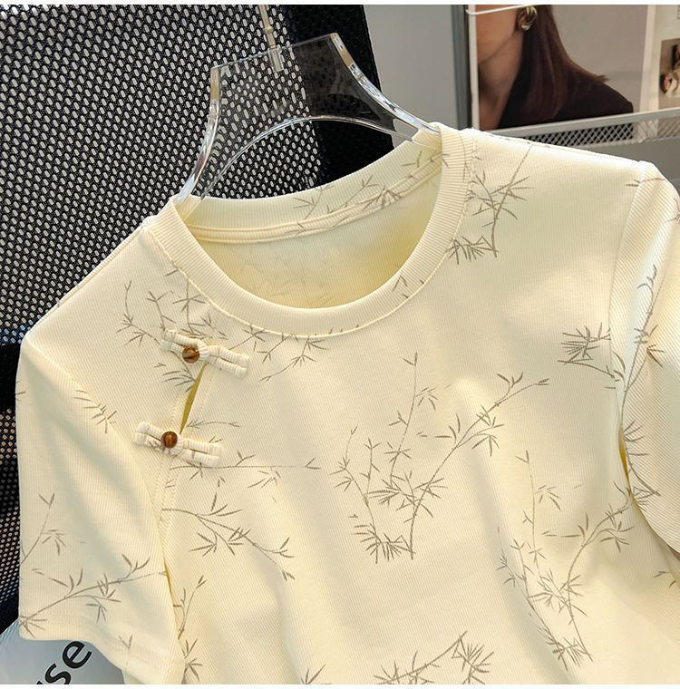 New Chinese Style National Style Button Short Sleeve t Women's Summer T-shirt2024New Women's Loose Slimming Plus Size Round Neck Top