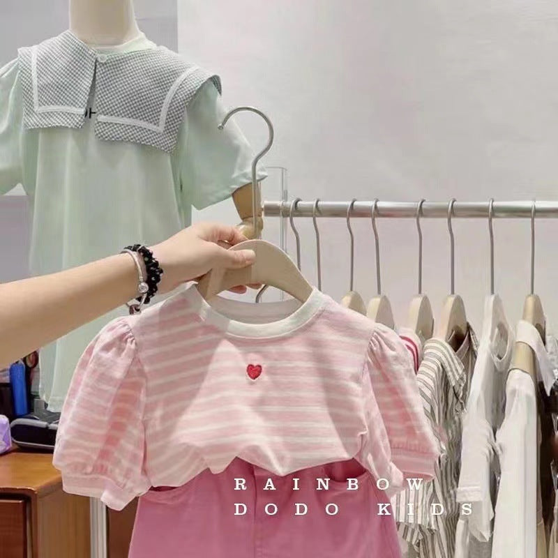 Girls' Stylish New Outfit Set2024Summer children's clothing heart stripe short-sleeve top set for little girls two-piece set
