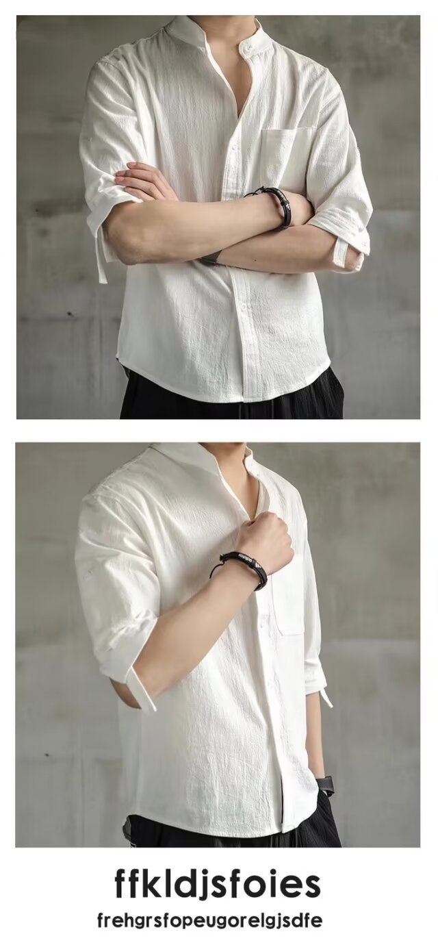 Japanese Retro Stand Collar Short Sleeve Shirt for Men Summer Trendy Brand Style Elegant Men's Shirt Plus Size Three Quarter Sleeve