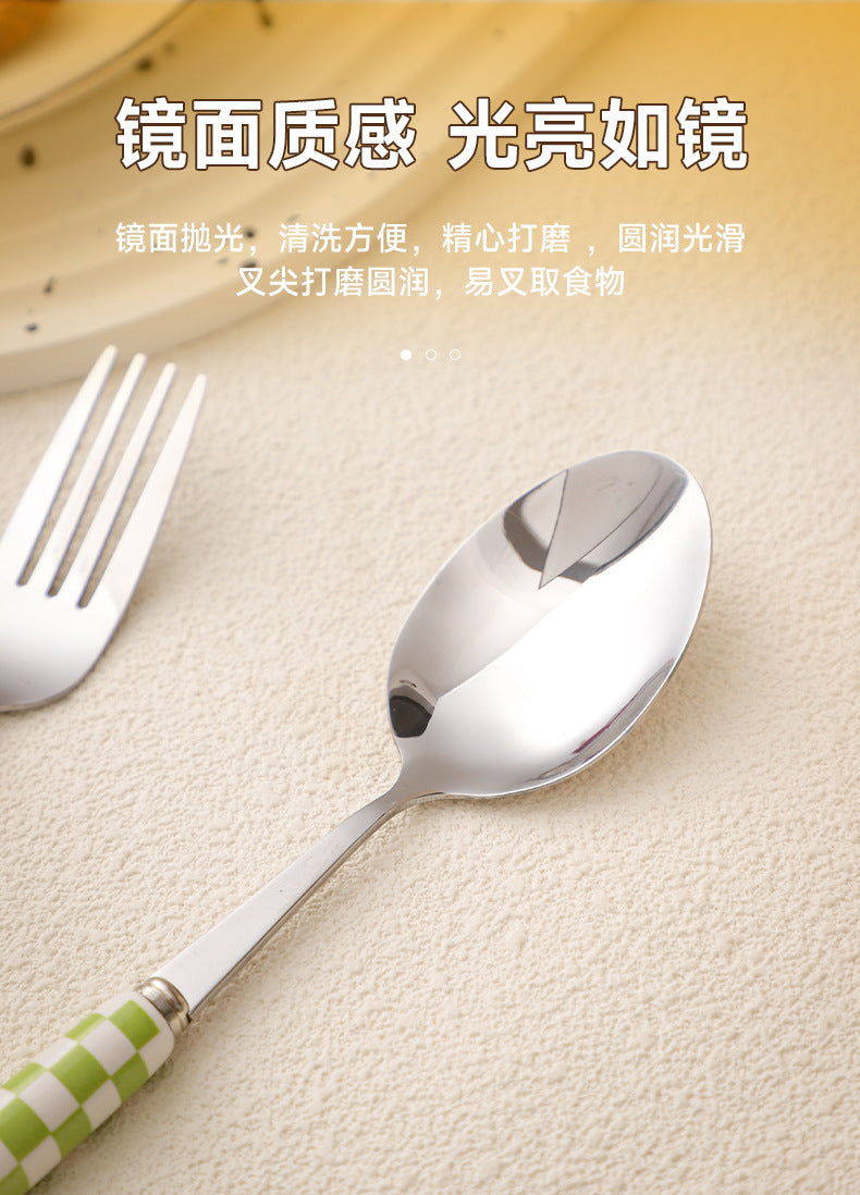 ins Checkerboard Pattern Western Steak Knife and Fork Ceramic Handle Stainless Steel Fork Spoon Dessert Cutlery Set Three-Piece Set