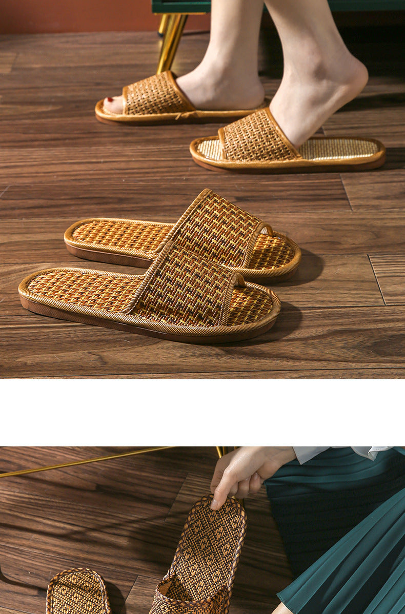 Home Rattan Grass Slippers for Women, Non-Slip Indoor Couple Slippers for Men and Women, Spring and Summer Bamboo Woven Sandals