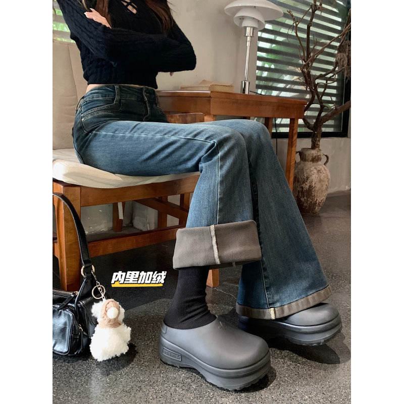 Washed Fleece-Lined Flared Jeans for Women, Autumn and Winter Vintage Slim High-Waisted Slimming Floor-Length Pants, Leg-Shaping