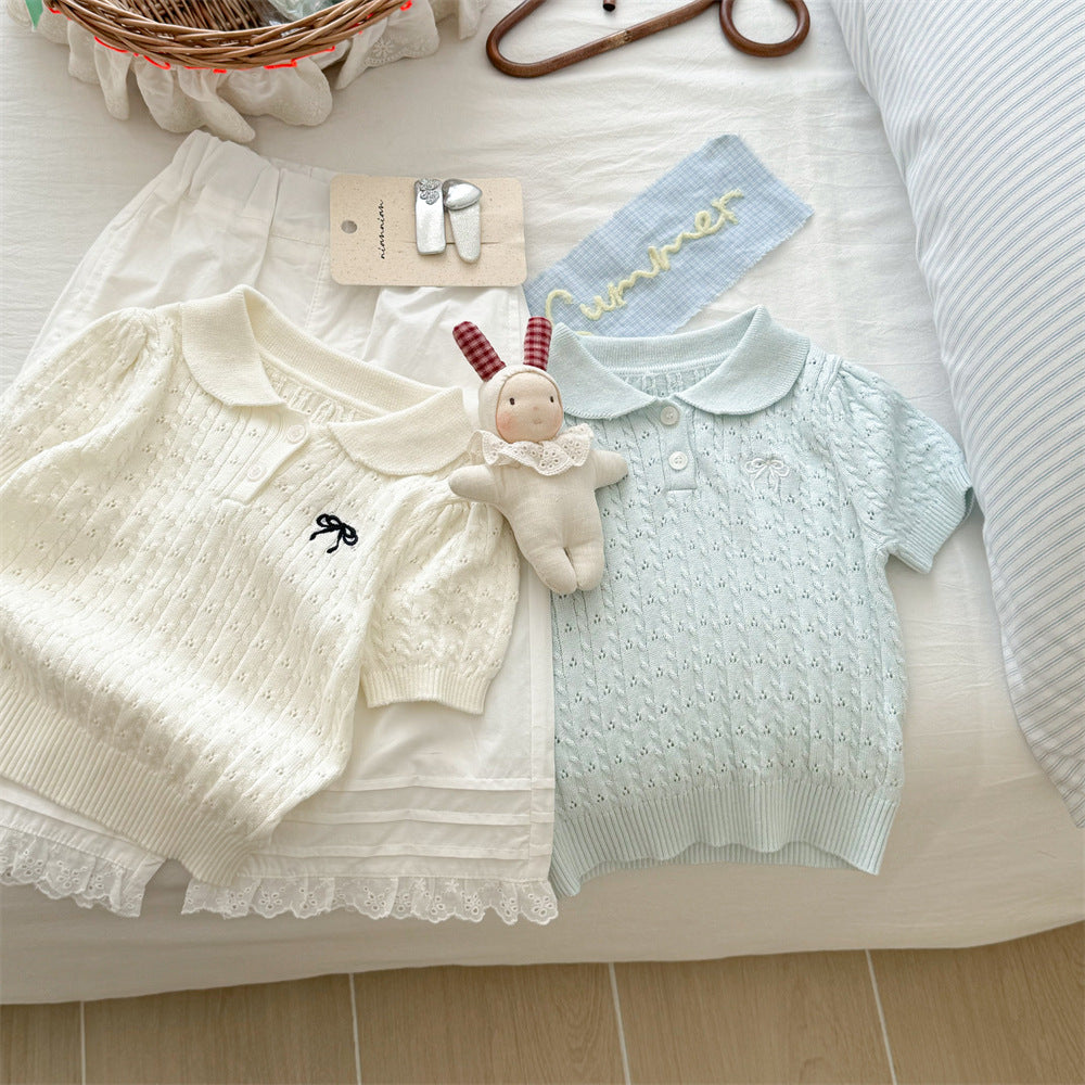 Sweet Little Sister New Summer Outfit Korean Style Girls' Clothing Bow Collar Short Sleeve Stylish Fashionable Super Cute Knitted Sweater Trendy