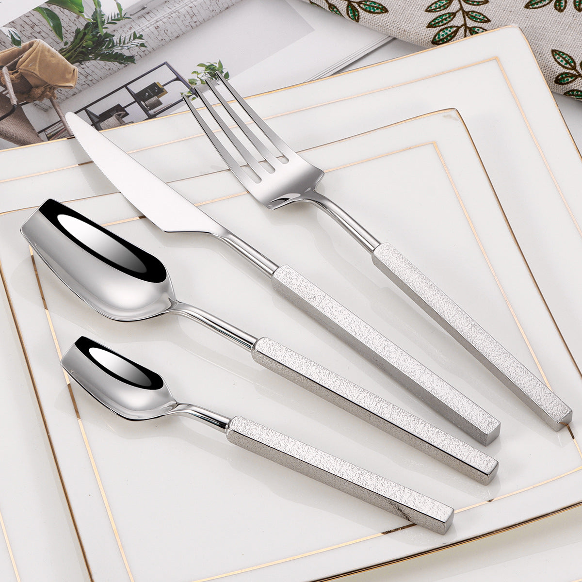 New304Stainless Steel Western Tableware Fantawild Hammered Pattern Knife Fork Spoon Set Integrated Thickened Fork Household Spoon