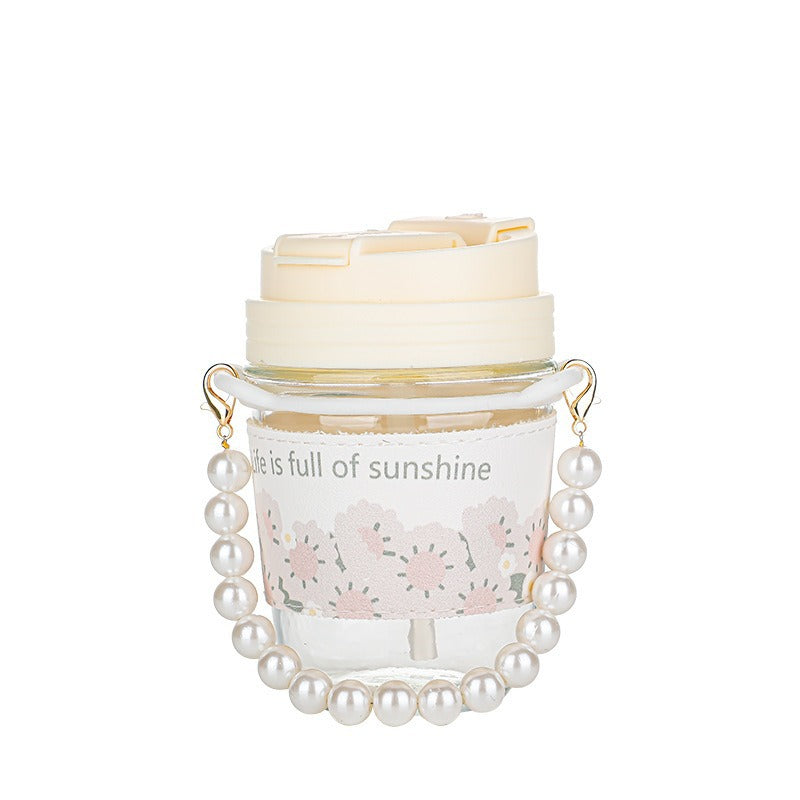 Glass Cup Straw Water Cup High Temperature Resistant Pearl Bracelet Double Drinking Cup Cup Souvenir Creative High Appearance Universal