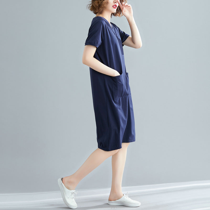 Plus Size Women's Summer Loose Korean Style Mid-Length Dress T Shirt and Skirt for Plus Size mm Solid Color V Collared Slimming Short Sleeve Dress