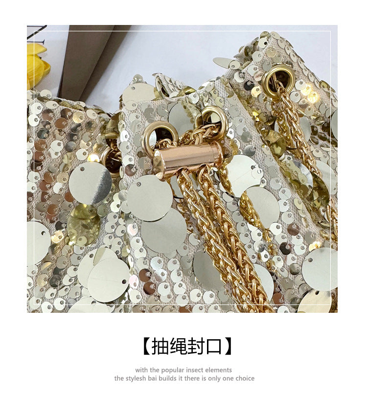 Trendy and High-End Sequin Bucket Bag2025Summer New Fashion Versatile Stylish French Chain Single Shoulder Crossbody