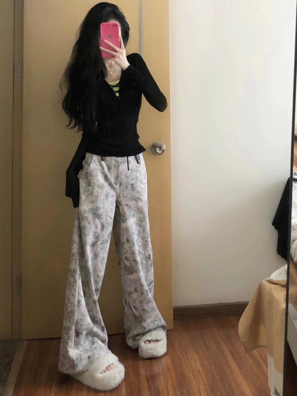 American Retro Tie-Dye Print Casual Wide-Leg Jeans for Women Loose High-Waist Draped Floor-Length Pants Summer Hot Sale