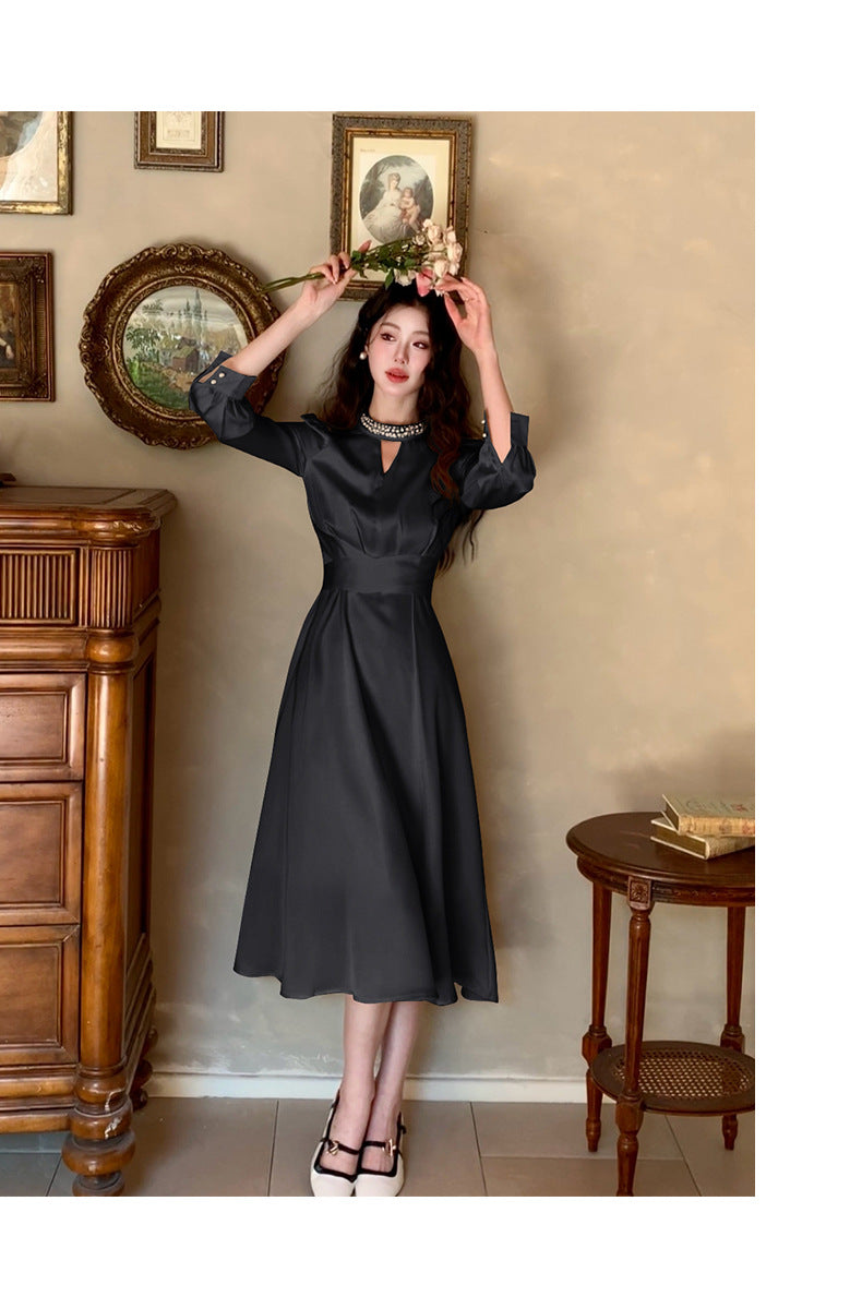 French A Line skirt2025Spring and Summer New Women's Long Sleeve Dress Waist Slimming Elegant Acetate Satin Long Dress