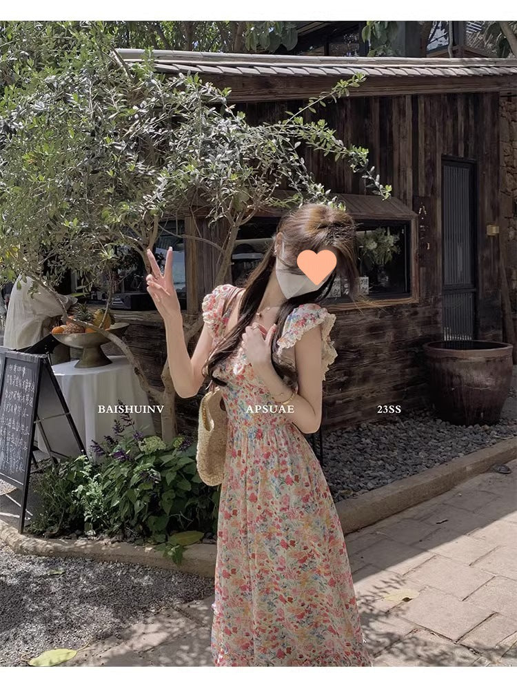 Floral Square Neck Slim Fit Women's Dress for Beach Vacation Casual Long Dress