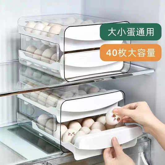 Ruge Transparent Double Layer Fresh-Keeping Box Kitchen household plastic sealed egg carton Drawer-style Refrigerator Storage Box