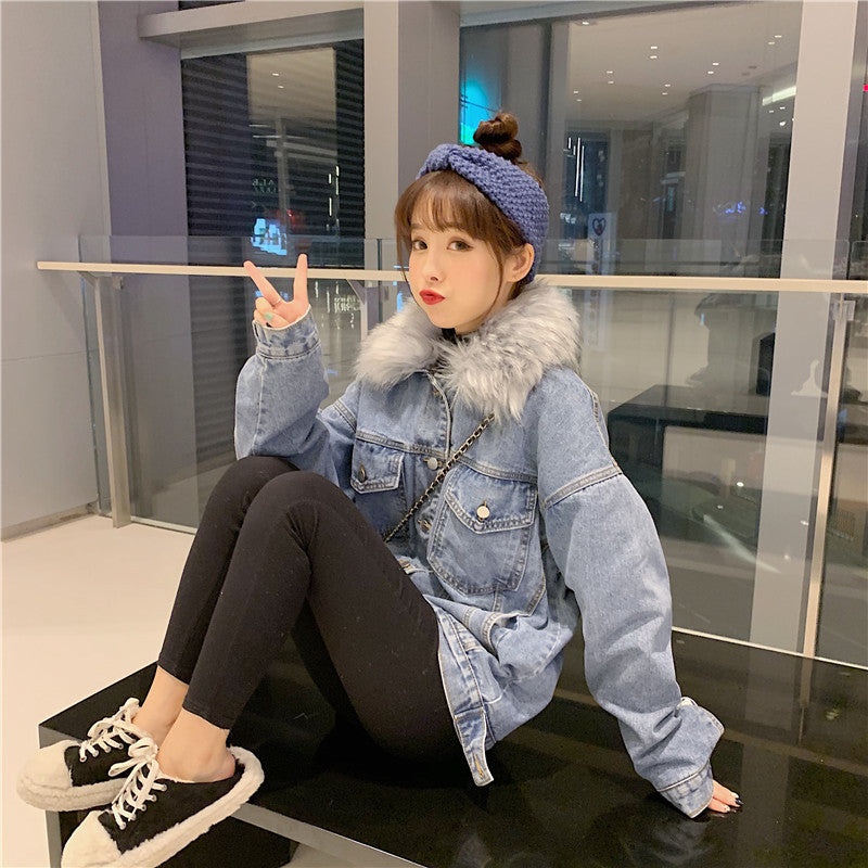 Cross-Border2022Winter New Korean Style Loose Thickened Fleece Rabbit Fur Inner Large Fur Collar Denim Jacket Women's Cotton Coat