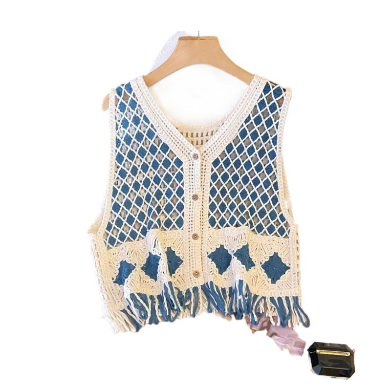 Ethnic Style Diamond Pattern Tassel Knitted Vest Women Xinjiang Grassland Beach Vacation Hollow Out Cardigan