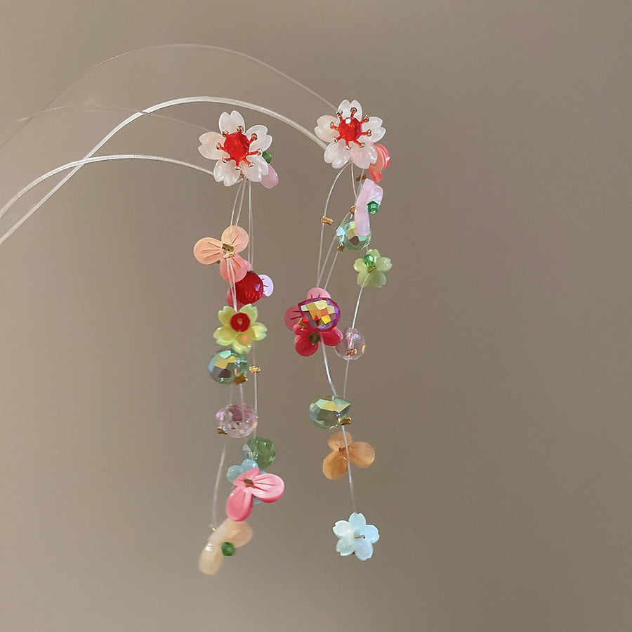 Resort Style Silver Needle Fabric Flower Tassel Earrings High-End Fashion Earrings Bohemian Sweet Exaggerated Ear Jewelry