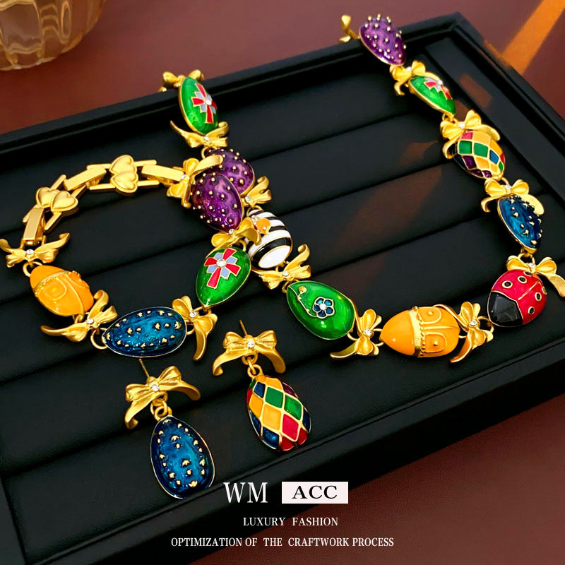 Medieval vintage Water Drop Flower Bow Necklace Palace Style Diamond Inlaid Oil Drop Collarbone Chain High-end Jewelry
