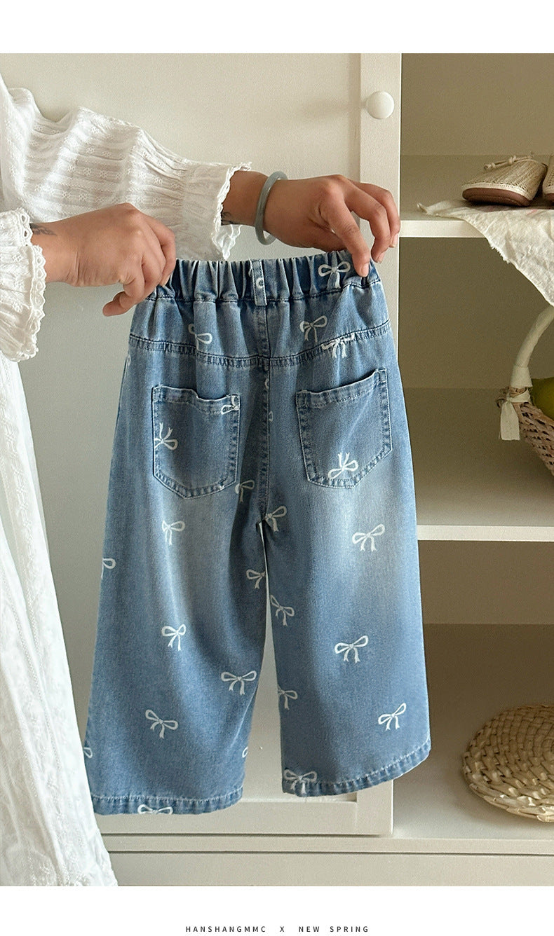 Girls' Pants Bowknot Print Jeans Wide Leg Straight2025Autumn New Fashionable and Stylish for Girls and Young Children