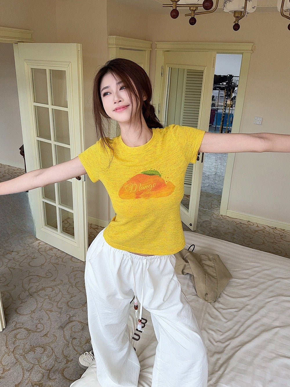 Korean Style chic Unique Youthful Dopamine Print Short Sleeve Slim Fit Round Neck Regular Shoulder Top T Women's Summer T-shirt