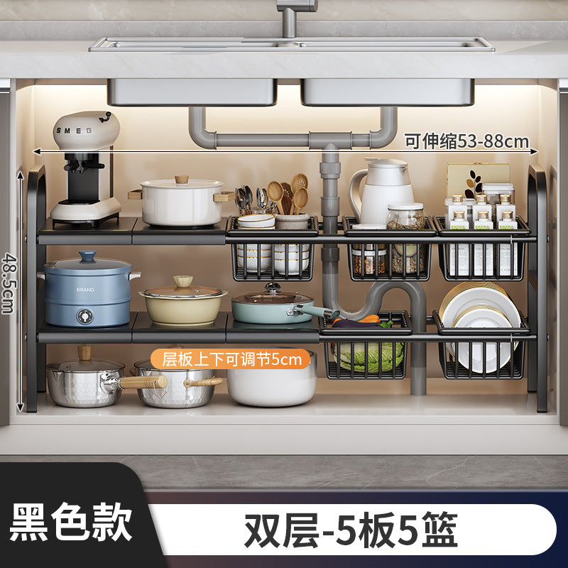Carbon Steel Hot-Selling Telescopic Sink Storage Rack Cabinet Layered Organizer Wash Basin Kitchen Storage Dropshipping