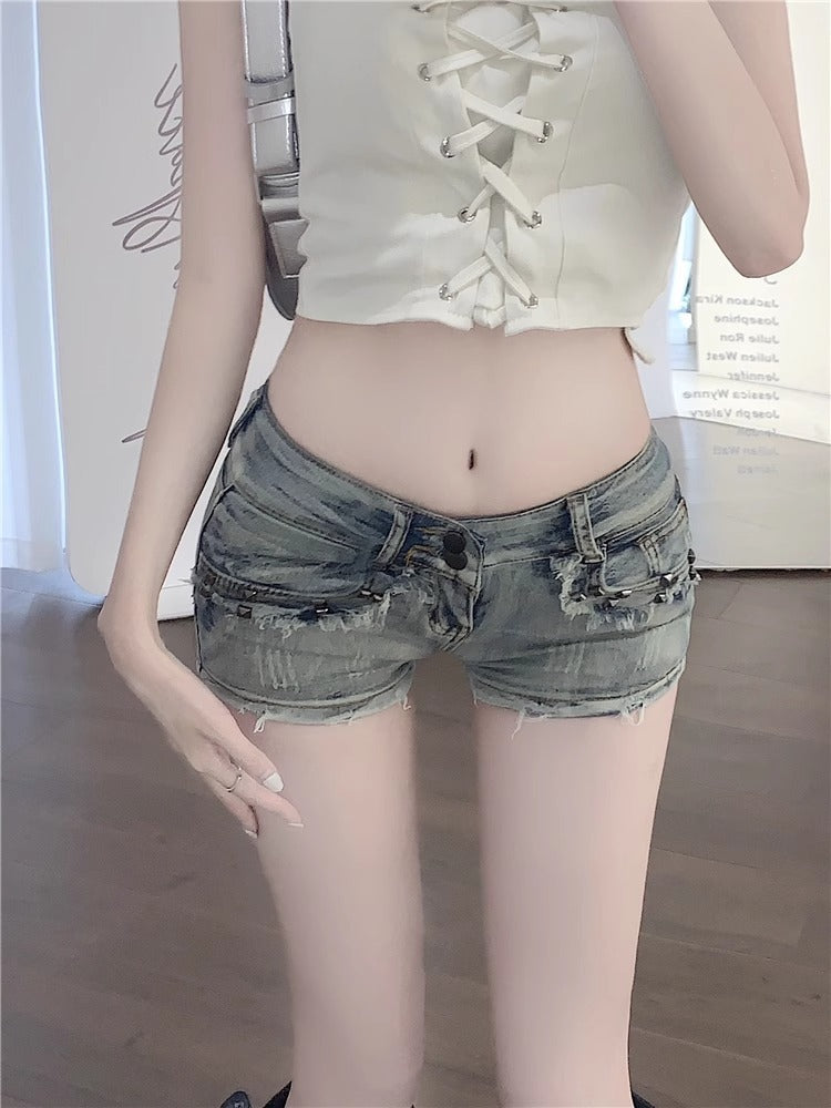Muzi Nana American Style Spicy Girl Low Waist Denim Ultra Short Pants for Women2024New Tight-Fitting Hip-Hugging Hot Pants Blue Frayed Edge