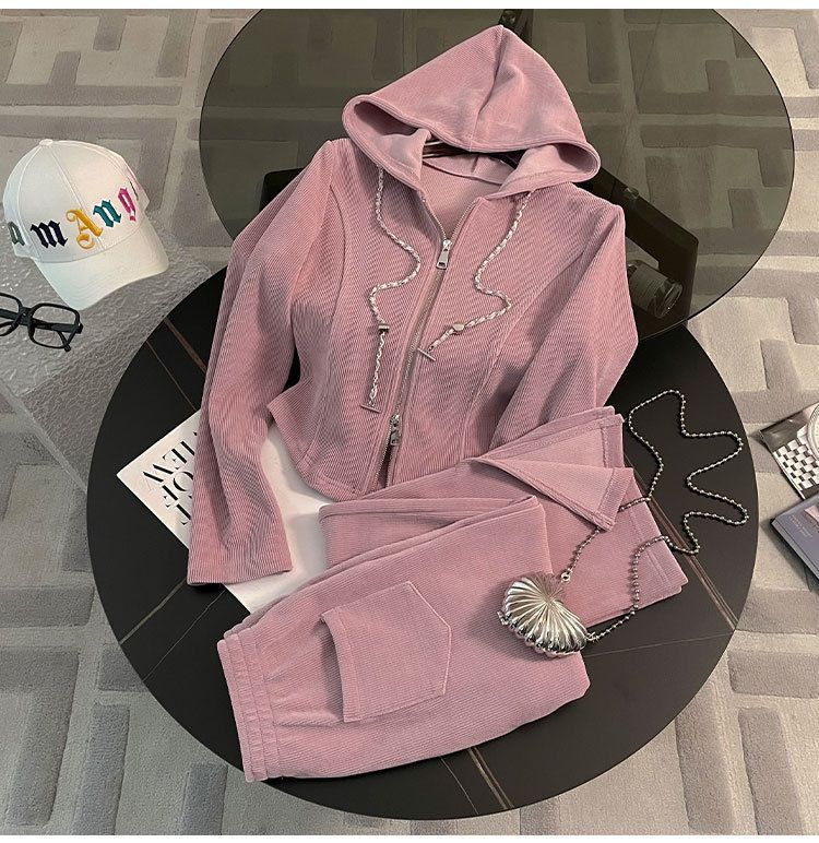Casual Sports Suit for Women, Spring and Autumn New Loose Short Hooded Top with Draped Split Wide-Leg Pants Two-Piece Set