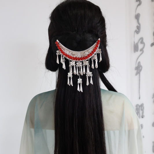 Hanfu Hair Accessories Miaojiang Crescent Moon Tassel Hair Ornament Warring States Robe Wei Jin Style Retro Forehead Accessories Ancient Style Hairpin
