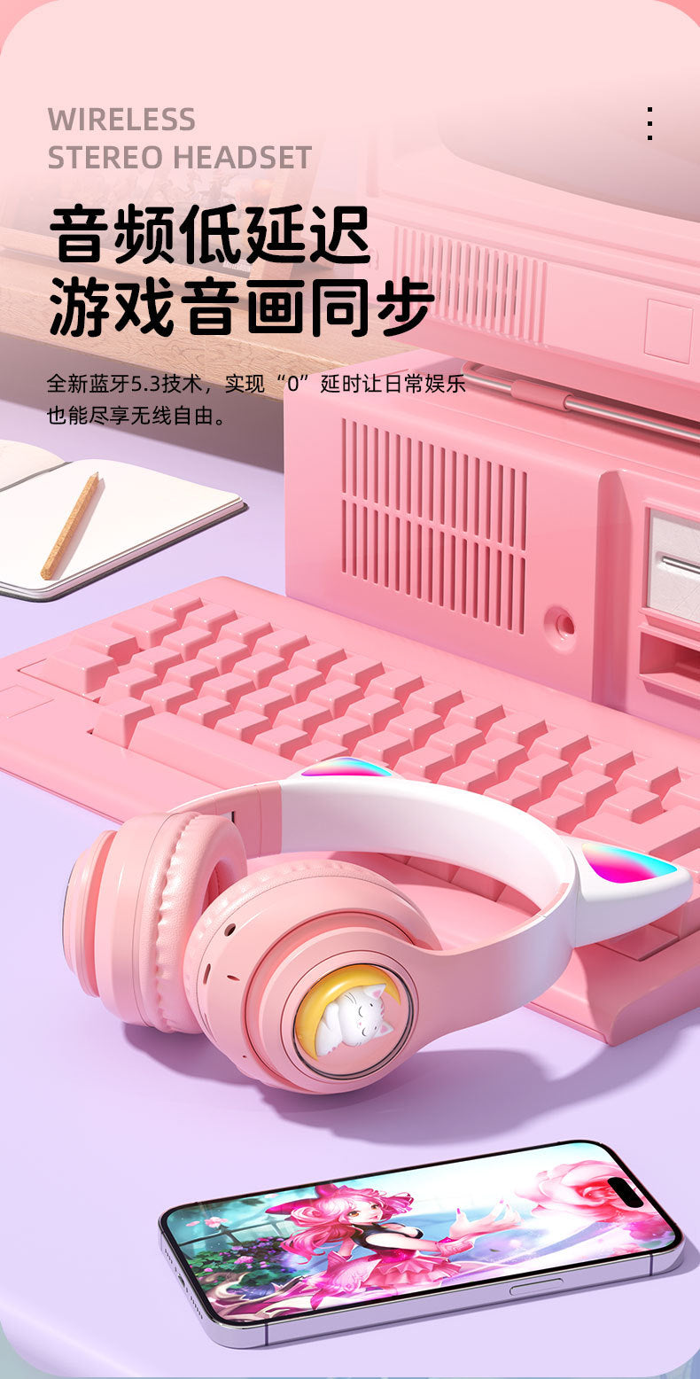 Space Capsule Cat Ear Bluetooth Headphones5.3Head-mounted Cute Glowing Cross-border Hot Item STN28S Ultra-long life battery