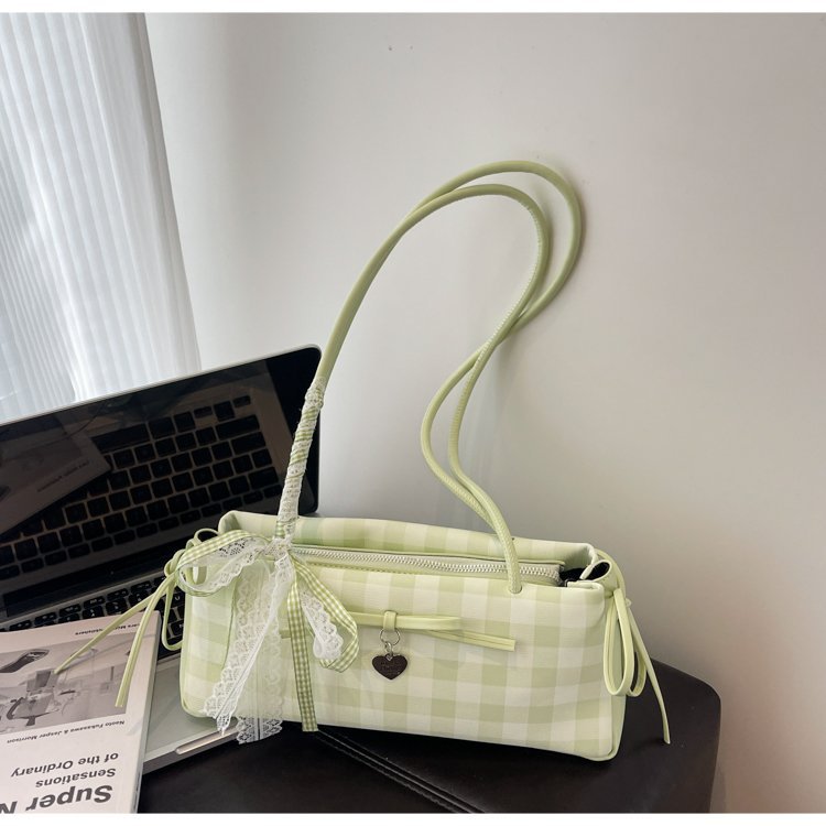 Dopamine Plaid Handbag Small Tote Bag for Women Summer2025New Ballet Style Bow Baguette Bag Underarm Bag Trendy