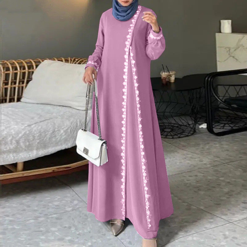 H726#Muslim Women's Clothing Lace Long Robe Dress Fashion Long Sleeve Vest Women's Spring Casual Dress