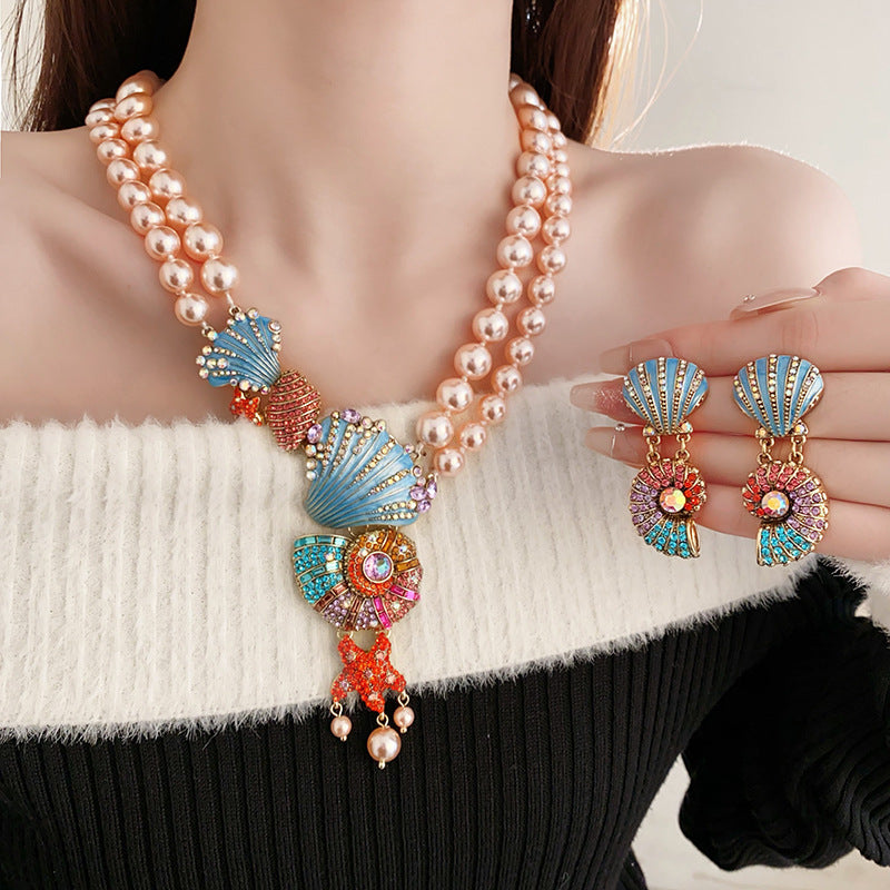 Medieval vintage Necklace with Inlaid Diamonds, Oil Drop Shell Conch Pearl Necklace, Exaggerated Vintage Jewelry Manufacturer Wholesale