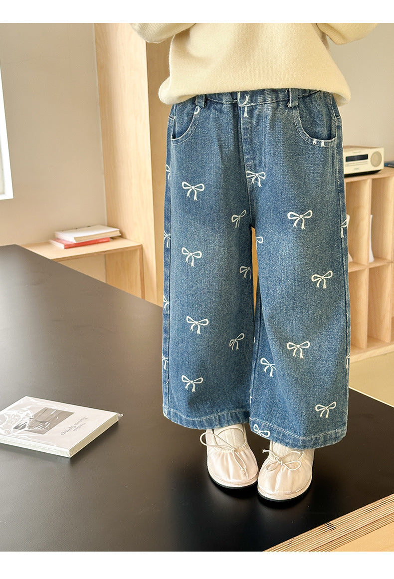 Girls' Pants Bowknot Print Jeans Wide Leg Straight2025Autumn New Fashionable and Stylish for Girls and Young Children