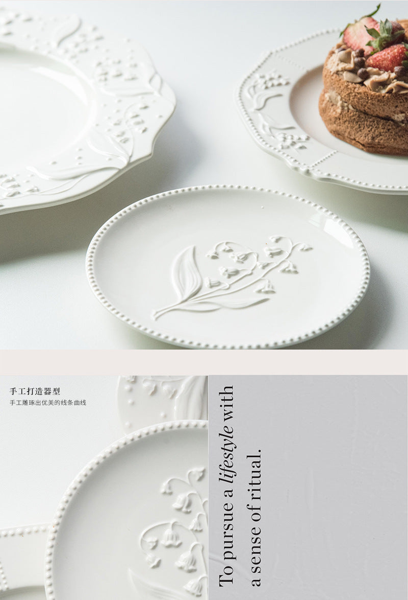 American Relief Lily of the Valley Series Lace Ceramic Western Pasta Plate Pastry Dessert Plate Deep Plate Household Dish Plate