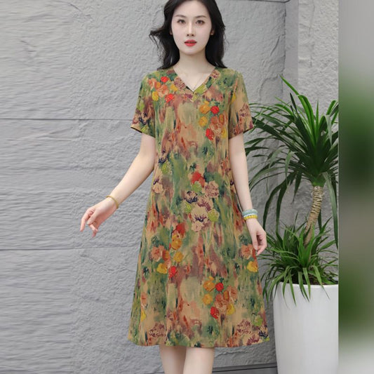 2025Summer New Style High-end Elegant Short Sleeve Dress Plus Size Fashionable Middle-aged Women Slimming Thin Dress