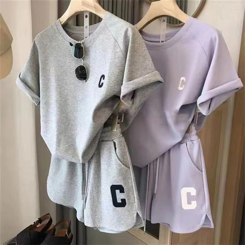 Original quality Amazon Korean style women's summer loose short sleeve T T-shirt shorts sports embroidered letter casual set