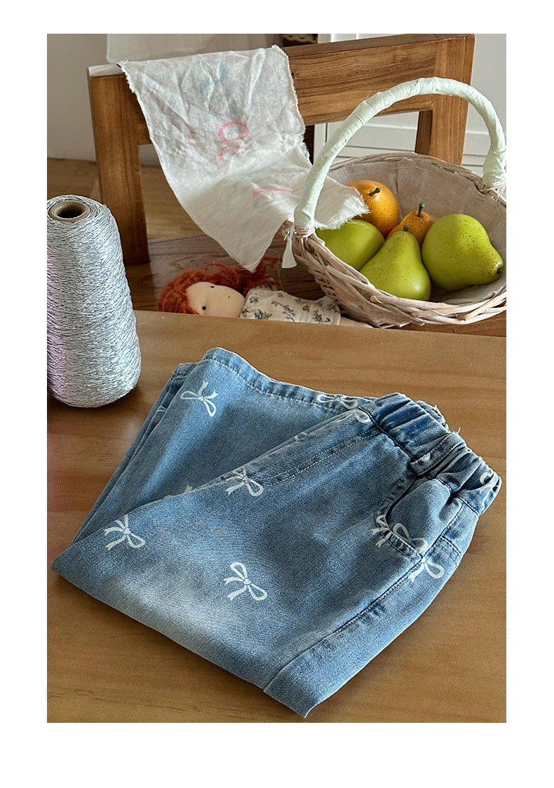Girls' Pants Bowknot Print Jeans Wide Leg Straight2025Autumn New Fashionable and Stylish for Girls and Young Children