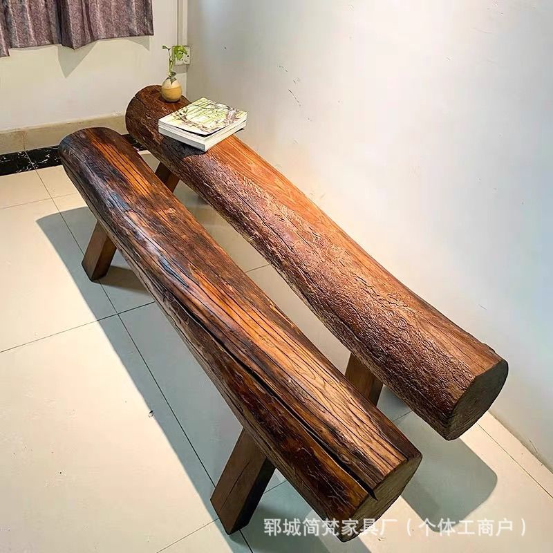Old Elm Wood Long Bench Solid Wood Weathered Round Wood Stump Stool Old Elm Wood Long Chair Scenic Area Rest Shoe Changing Bench