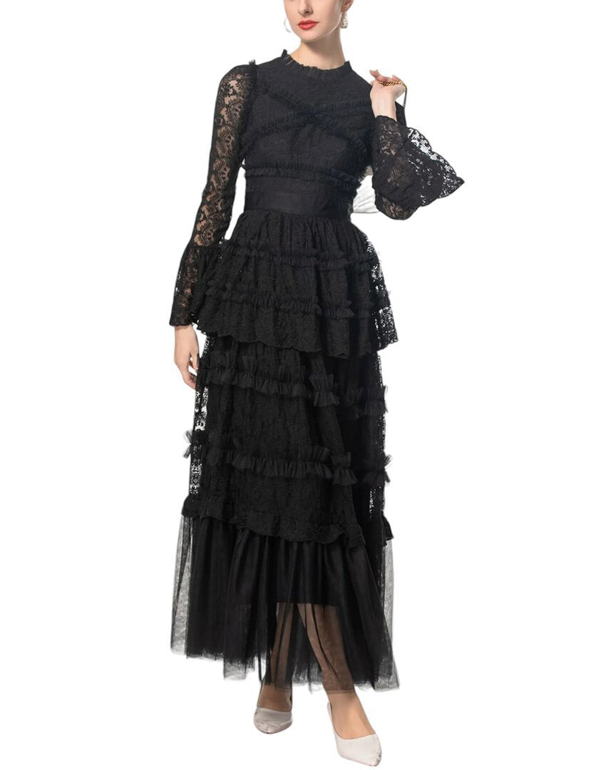 2025Early Autumn New Bell Sleeve Vintage Lace Mesh Patchwork Dress Women Slim Elegant Long Dress