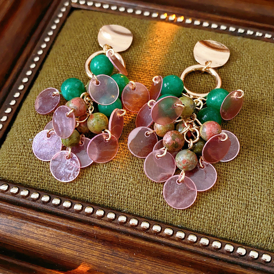 Medieval vintage Jewelry Set Natural Stone Shell Tassel Pendant Earrings Light Luxury High-end Vintage Necklace