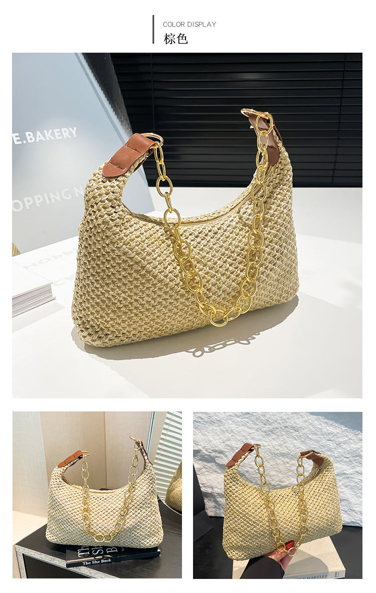 South Korea ins Vintage Woven Tote Bag Straw Bag Large Capacity Underarm Bag Shoulder Bag Vacation Style Beach Bag for Women