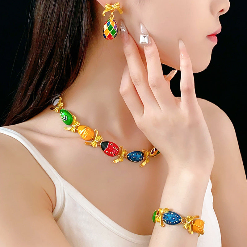 Medieval vintage Water Drop Flower Bow Necklace Palace Style Diamond Inlaid Oil Drop Collarbone Chain High-end Jewelry