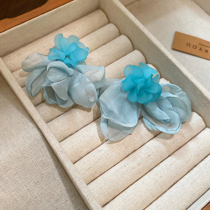 Resort Style Silver Needle Fabric Flower Tassel Earrings High-End Fashion Earrings Bohemian Sweet Exaggerated Ear Jewelry