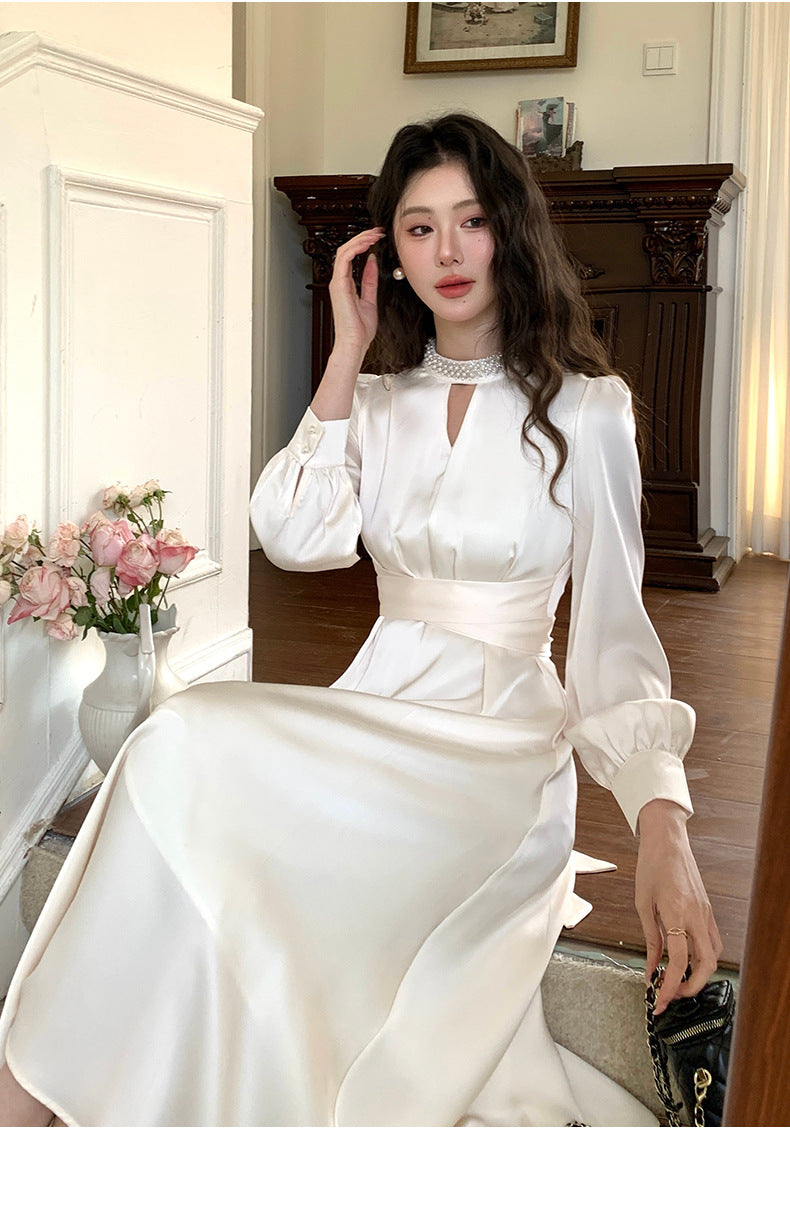 French A Line skirt2025Spring and Summer New Women's Long Sleeve Dress Waist Slimming Elegant Acetate Satin Long Dress