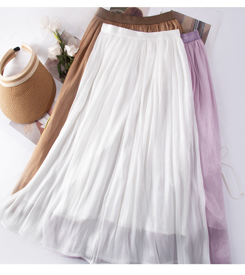 High-end Flowing Sheer Skirt for Women in Summer2025New Style Glassy Sheer Large Hem Mid-Length Draped a Women's pleated skirt