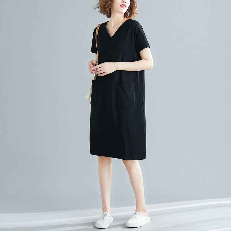 Plus Size Women's Summer Loose Korean Style Mid-Length Dress T Shirt and Skirt for Plus Size mm Solid Color V Collared Slimming Short Sleeve Dress