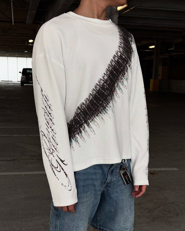 European and American Street Style Loose Printed Pullover Waffle Long Sleeve T Men's American Style Casual Crew Neck Shirt Amazon