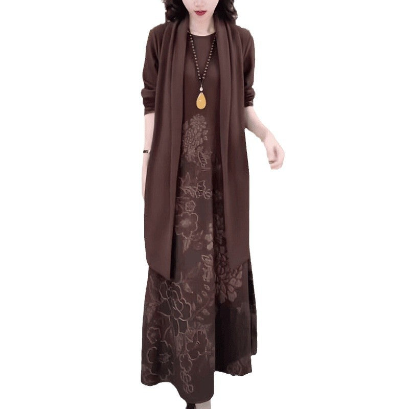 High-End Boutique New Autumn Winter Fashion Elegant Middle-Aged Women's Long Dress Slimming Dress with Scarf