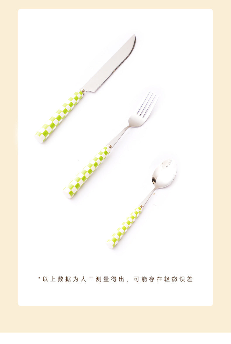 ins Checkerboard Pattern Western Steak Knife and Fork Ceramic Handle Stainless Steel Fork Spoon Dessert Cutlery Set Three-Piece Set