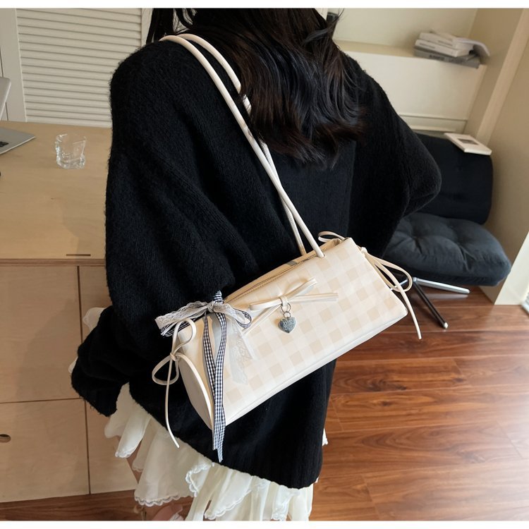 Dopamine Plaid Handbag Small Tote Bag for Women Summer2025New Ballet Style Bow Baguette Bag Underarm Bag Trendy