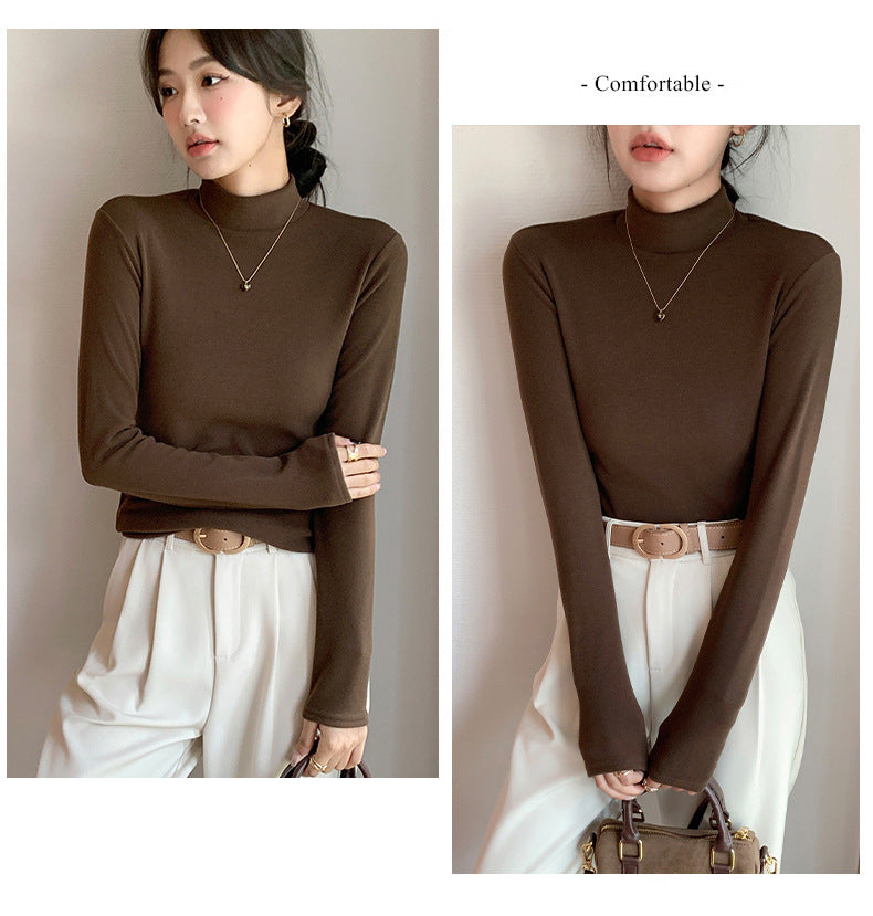 Half Turtleneck Double-Sided Thermal Base Shirt for Women, Spring and Autumn Style, Stylish Inner Wear, Solid Color, Fleece-Lined, Thickened, Warm Long-Sleeve Top