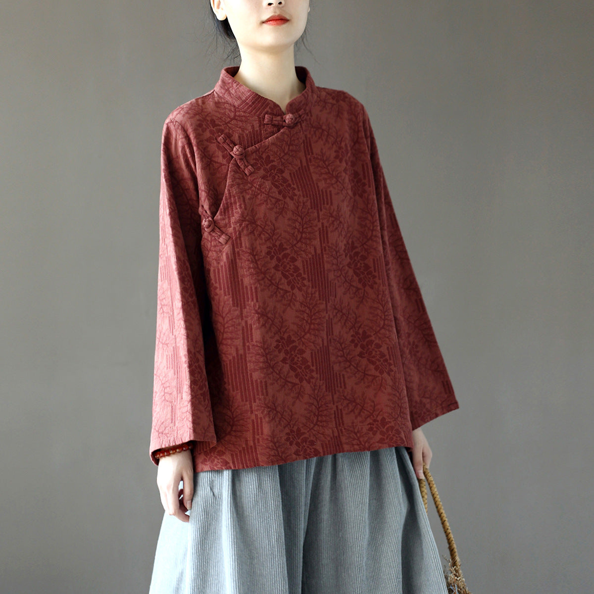 8813Xi Mo Women's Clothing Republic of China Retro Artistic Spring and Autumn New Double Layer Jacquard Button Shirt Chinese Style Short Top